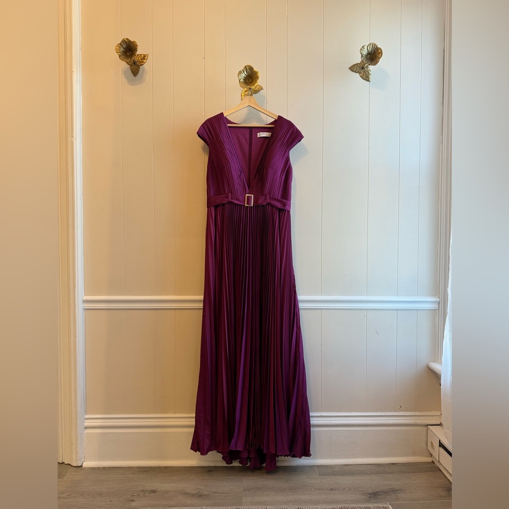 Pleated Plunge Neck Belted A Line Gown - Picture 3 of 5